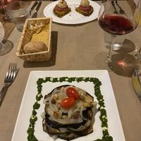 Crepes and Aubergine entree   at Flora in Verona