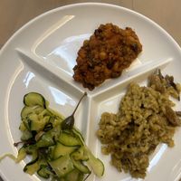 Risotto with mushrooms, mix of legumes, zucchini with capers and olives  at Flora in Verona