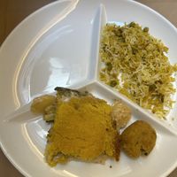 Potato gratin, rice swith peas and curry  at Flora in Verona