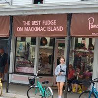 Outside at Ryba's Fudge Shop in Mackinac Island