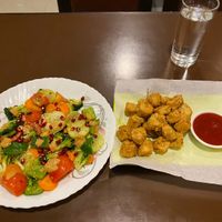 Warm Jazz salad and tofu fries.  at Loving Heart in Kathmandu