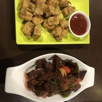 Tofu pakora and chilly seitan (not spicy)  at Loving Heart in Kathmandu