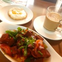 Chilly seitan, v-egg and soy masala chai. at Loving Heart in Kathmandu