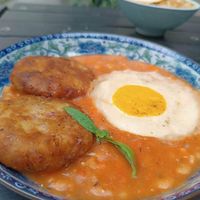 Shakshuka with vegan egg and hash browns  at Loving Heart in Kathmandu