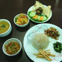 Khana brown rice set - tofu French fries,  lentils soup, vegetables mix and more!  at Loving Heart in Kathmandu