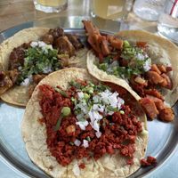 Tacos - red chorizo, spicy seitan, sausage   at Vegetal - temporarily closed in Mexico City