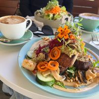 Chai Latte, Banh Mi Bruschetta (Background: Caesar Salad, Cappuccino)  at Flora and Fauna in Fremantle