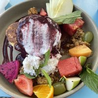 Strawberry shortcake pancakes   at Flora and Fauna in Fremantle