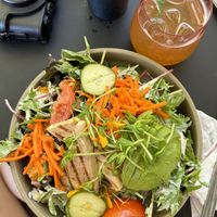 vegan Caesar salad with tofu, croutons and avocado + iced tea (peach)  at Flora and Fauna in Fremantle