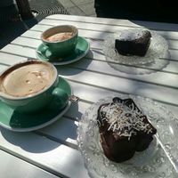 Vegan cakes and soy cappuccino at Flora and Fauna in Fremantle