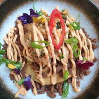 Loaded savoury pancakes $20.00 at Foraged in Seddon