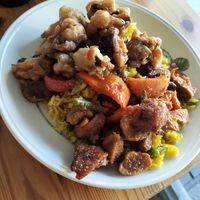 Eggplant mushroom and lemongrass chicken with fried rice at Blossoming Lotus in Newtown