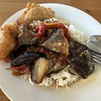 Eggplant curry in the display window with extra curry puffs #Veganuary at Blossoming Lotus in Newtown