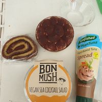 Chocolate orange swiss roll, Tiramisu, cocktail salad, "tuna" spread at Vegan Store Stall 83 in Rome