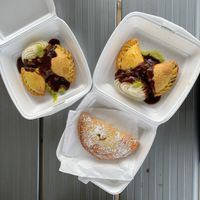 Curry and bangers and mash pastie with mashed peas, potato and gravy and an Apple turnover, costed about $20 for the lot  at Ranch Pies in Warwick