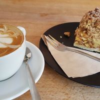 Soy flattie + vegan apple crumble at Dots Cafe in Berlin