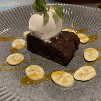 Vegan brownie with coconut sorbet and mango sauce  at Banlle in Siem Reap