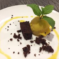 Banlle tasting menu - vegan chocolate brownie with passion fruit sorbet at Banlle in Siem Reap