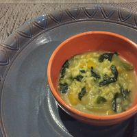 Banlle tasting menu - Hearty rice soup with green leaves, pupkin and eggplant at Banlle in Siem Reap