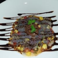 Rhum chocolate mousse with tropical fruit salad at Banlle in Siem Reap