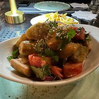 The crispy aubergine and tomato salad with out the beef. Listed as a starter but made up as a main for me. DELICIOUS! 
I came back two days later and had it again as it was SO goo at Platan in Samarkand