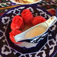 Gulkhanum (kind of beetroot dumplings filled with seasonal vegetables) at Minzifa in Bukhara