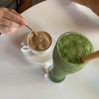 Green energy smoothie and mocha coffee (almond milk)  at Organico Fortuna in La Fortuna