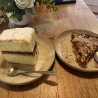 Left is a traditional Costa Rican dessert - like a light vanilla pound cake with guava jam between the layers. Right is apple pie  at Organico Fortuna in La Fortuna