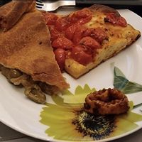 Onion/olive tart, tomato/olive focaccia at La Pupetta in Bari
