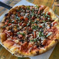 “Big Red” with vegan cheese substitution   at Red Tractor Pizza in Bozeman