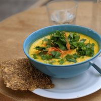 Carrot coconut soup at bistRAW & Tea in Prague