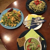 Peas hummus, zucchini peas christmas salad and zucchini spaghetti - sooo tasty 🙏 at bistRAW & Tea in Prague