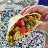 Burrito with seitan & curcuma (very good, quite cheesy) at La Libelula Vegan Cafe in Fuengirola