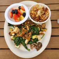 "Mark's Scramble" - From the Breakfast Menu, with has browns and fruit (asked for avocado and got fruit) at Global Cafe  in Lawrence