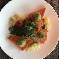 Vegan dish of the day: Polenta with guacamole and apple compote  at Strandoase in Sylt