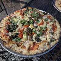 Mediterranean, pizza with vegan cheese on a gluten-free crust, added pineapple  at Last Chance Pizza Company in Dillon