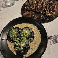 Dinner- wild mushroom bruschetta and charcoal ravioli  at Full Bloom in Miami Beach
