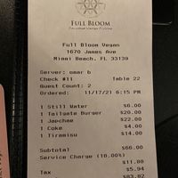 Our bill  at Full Bloom in Miami Beach