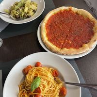 Tomato pasta, broccoli pasta and pizza marinara  at Pasta and Social in Rome