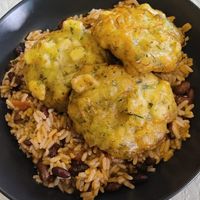 Tofu pataniscas with beans and rice at Folha Verde in Lisbon