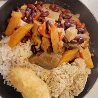 Vegan feijoada with seitan, tofu, beans, veggies nad rice at Folha Verde in Lisbon
