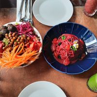 Falafel bowl and beetroot pasta. Red and green detox. at Mellow in Istanbul