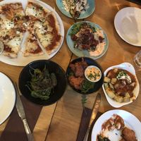 pizza and chicken not vegan- padron peppers, hispi cabbage, sweet potato fritters, patatas bravas  at Under the Stars  in Bristol