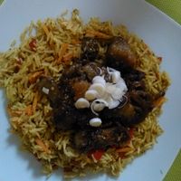 Eggplant basmati rice. They changes the recipe and now they use strong spices. Not for everyone. May contain honey (ask the waiter) at BIOFresh in Timisoara