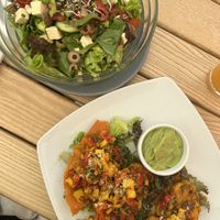 Stuffed sweet potatoes and Greek salad with tofu   at BIOFresh in Timisoara