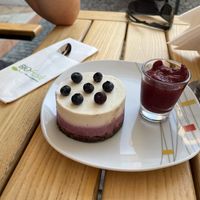 Blaubeerkuchen mit Soße 💜  at BIOFresh in Timisoara