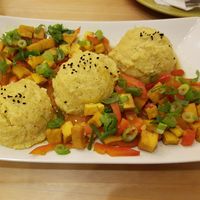 Polenta (specific romanian dish) with tofu and veggies. at BIOFresh in Timisoara