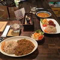 Keema curry, coconut curry, Wakame/Ume tea, sides: Vadai, some pickles or salad (I forgot since it wasn't my order...) I also got the soy-karage which where very good, but unfortionately didn't make it on the picture since they arrived a little later... at VegRecar in Matsuyama