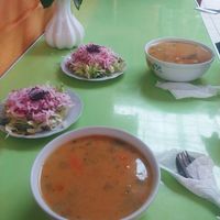 Soup and salad at Comedor Vegetariano in Huaraz