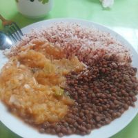 Segundo, rice lentils and zuccini at Comedor Vegetariano in Huaraz